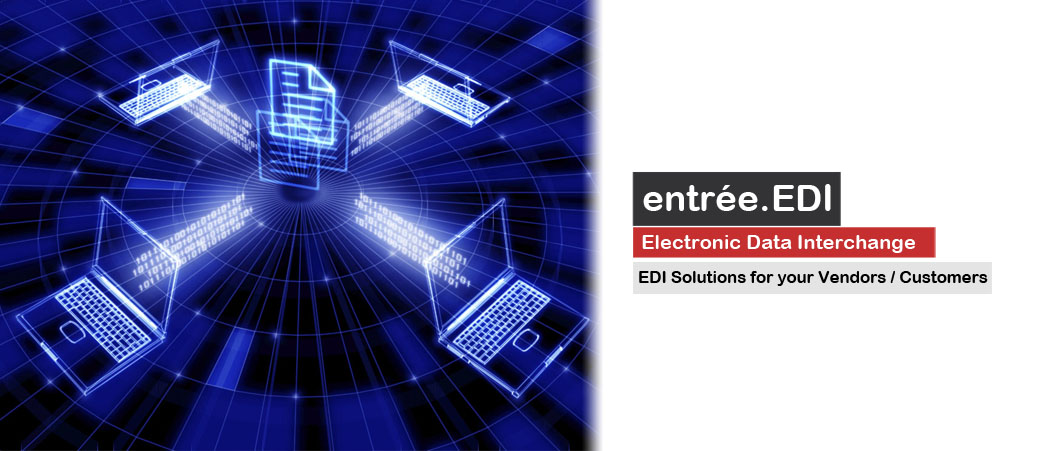 entrée.EDI Electronic Data Interchange - graphic of four computers linking to central documents